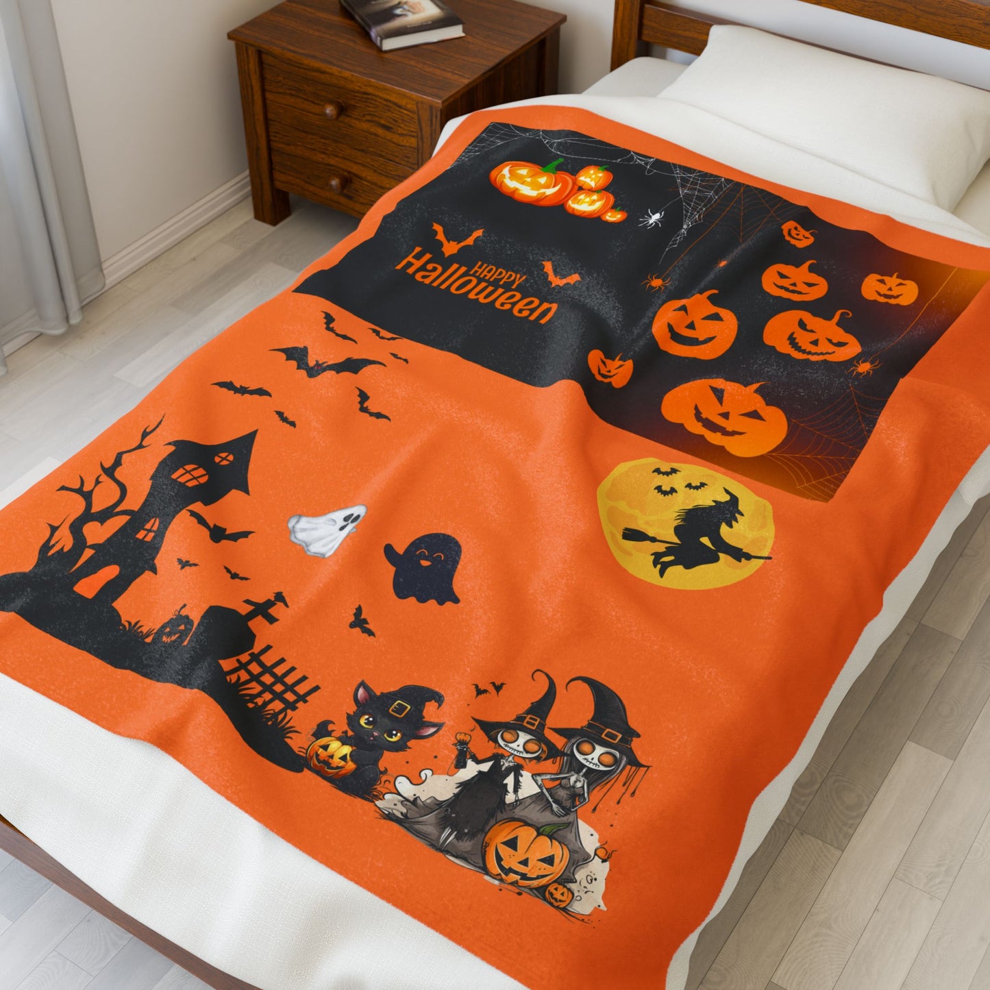 Halloween Velveteen Plush Blanket, Cozy Fall Blanket, Pumpkin Decor Blanket, Soft Fleece Blanket, Halloween Party Decor