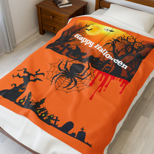 Colorful  Happy Halloween Velveteen Plush Blanket, Cozy Throw for Celebrations, Gift for All Ages, Home Decor Blanket, Unique Party Blanket