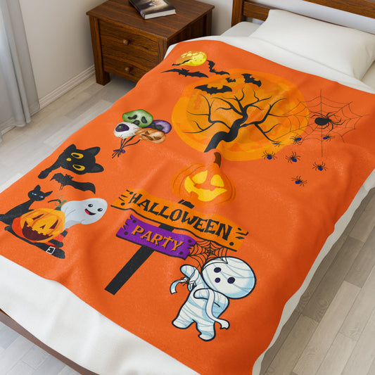 Colorful Happy Halloween Velveteen Plush Blanket, Cozy Throw for Celebrations, Gift for All Ages, Home Decor Blanket, Unique Party Blanket