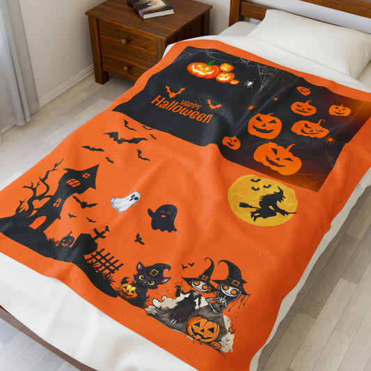 Colorful Happy Halloween  Velveteen Plush Blanket, Cozy Throw for Celebrations, Gift for All Ages, Home Decor Blanket, Unique Party Blanket