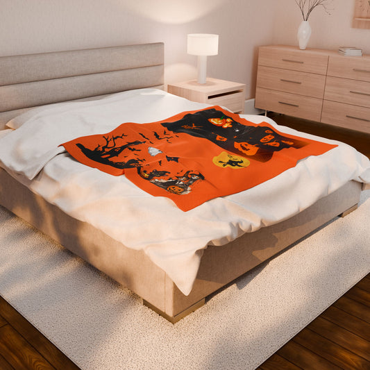 Halloween Velveteen Plush Blanket, Cozy Fall Blanket, Pumpkin Decor Blanket, Soft Fleece Blanket, Halloween Party Decor